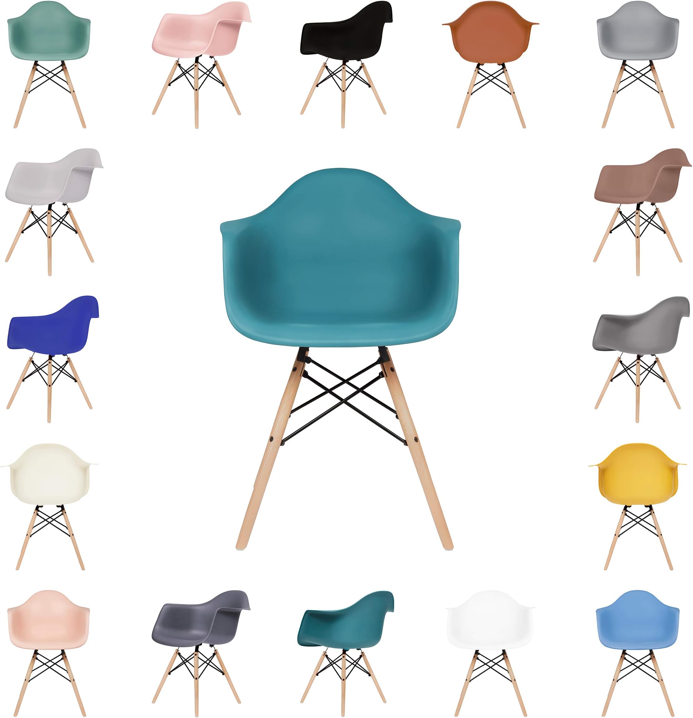 OCHS Retro Eiffel Dining Armchair Plastic Seat with Wood Legs for Office Lounge Dining Kitchen Bedroom (Teal Green, Natural Legs)