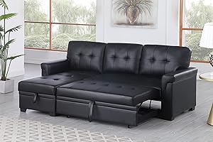 KooYaa L Shaped Reversible Sofa, w/Pull Out Sleeper Daybed & Storage Chaise, Vegan Leather Sectional Convertible Corner 3-seat Couch, for Living Room, Bedroom, Small Space Apartmen, 83.5, Black