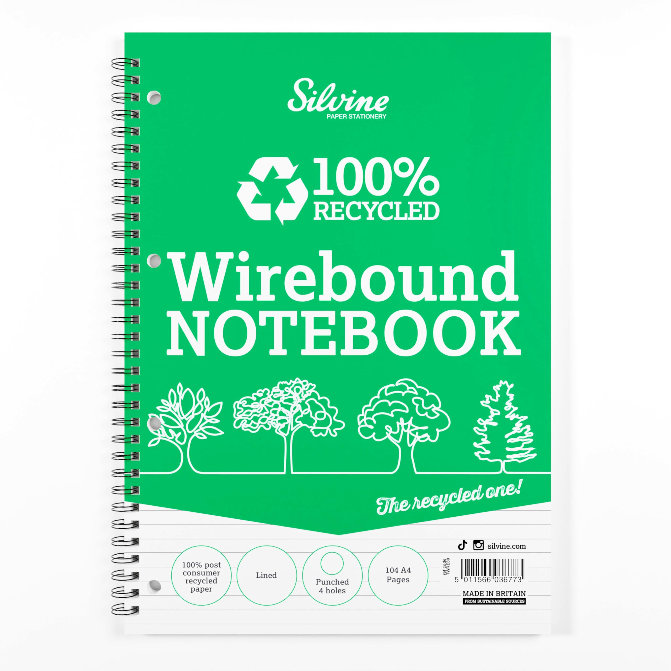 Silvine 104 Page A4 Everyday Recycled Wirebound Notebook, White, Ruled 8mm Feint