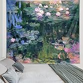 Monet Waterlily Wall Tapestry Green Floral Plant for Bedroom, Monet Wall Art Posters for Room Aesthetic, Nature Vintage Wall 