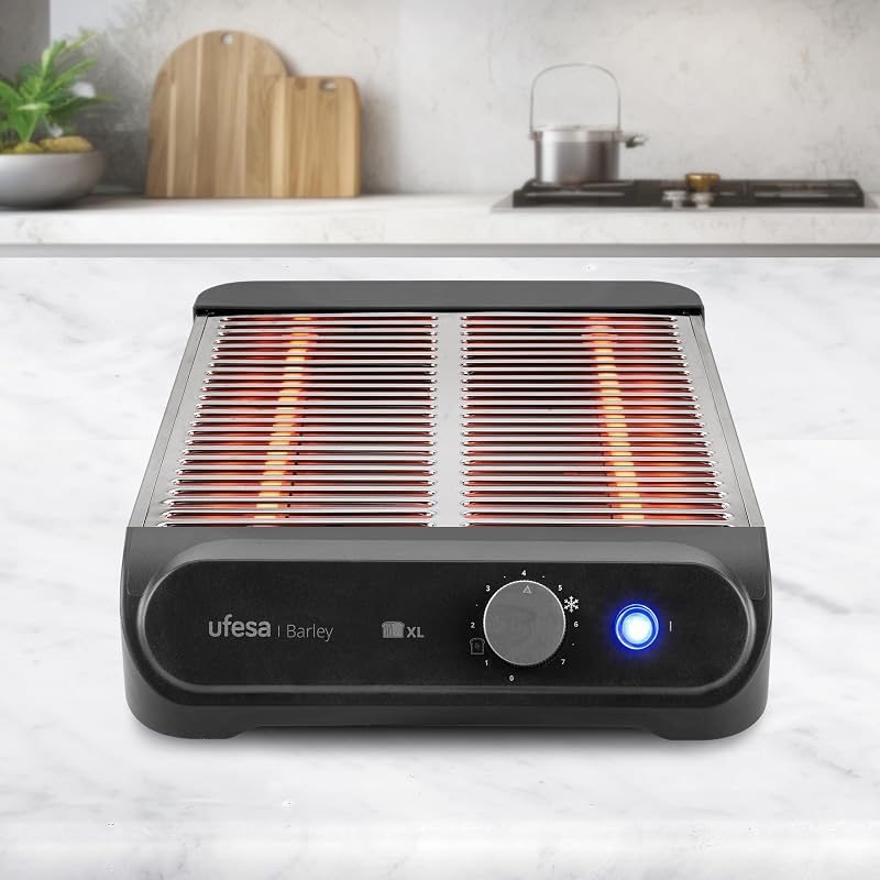 Tostador Plano Barley, 900W con 3 Resistencias de Cuarzo, Tostador Horizontal de Acero Inoxidable, Tamaño XL para 4 Rebanadas, 7 Niveles, Recalentar y Descongelar, Bandeja Recogemigas, Bollería