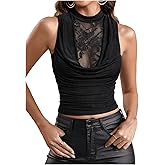 SOLY HUX Women's Floral Lace Draped Front Tank Shirts Mock Neck Sleeveless Coquette Fitted Tops