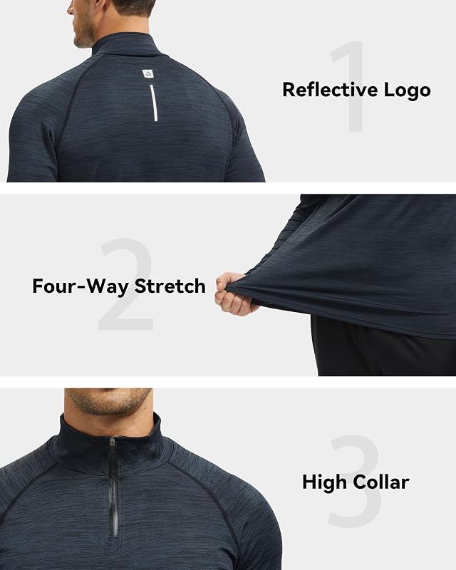 Haut à Manches Longues pour Homme, avec Demi-Zip et Col Montant, Sweat pour la Course, la Randonnée, la Salle de Sport, Décontracté, Noir Bleu, XXL — photo 4 sur 6