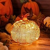 Gold Mercury Glass Pumpkin Light with 2 Lighting Modes and 6-Hour Timer, 5.5 x 6 Inch Battery Operated Fall Decor for Thanksgiving and Christmas Table Centerpiece