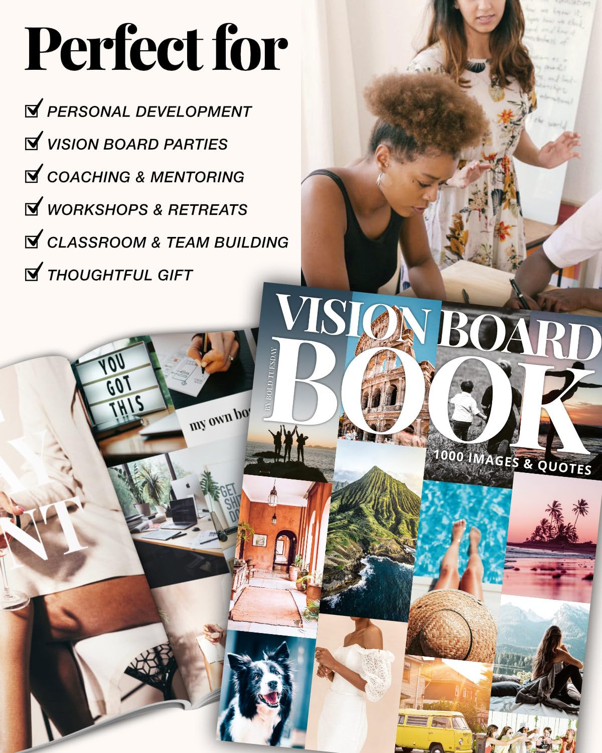 Vision Board Book Magazine for Women - 1000+ Diverse Pictures, Quotes, Self-Discovery Exercises | Complete Collage Clip Art Supplies Kit for Adults | Ideal for Vision Mood Board Party & Manifestation