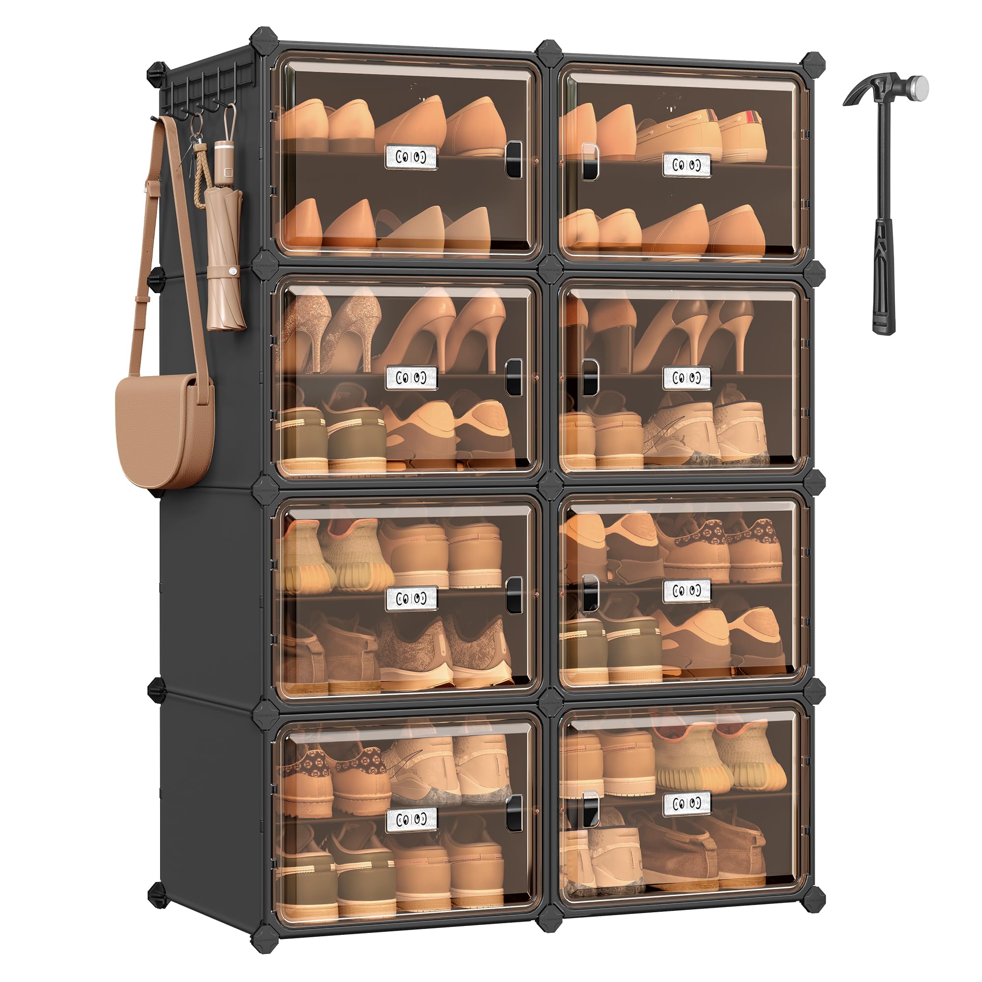 SONGMICS Schuhregal mit 8 Fächern, Schuhschrank, 30 x 45 x 30 cm pro Fach, durchsichtige Tür, Metallrahmen, für 32 Paar Schuhe, Flur, Schlafzimmer, tintenschwarz-transparentes Braun LPC054BH01