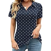 AKEWEI Womens V Neck Polo Shirts Short Sleeve Collared Tops Loose Casual Tunic Blouses with Pocket