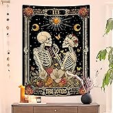 Kanuyee The Lovers Skeleton Tapestry for Bedroom Wall Hanging Moon and Floral Design Tapestries for Living Room Decor 36 x 48 Inch Black and Gold