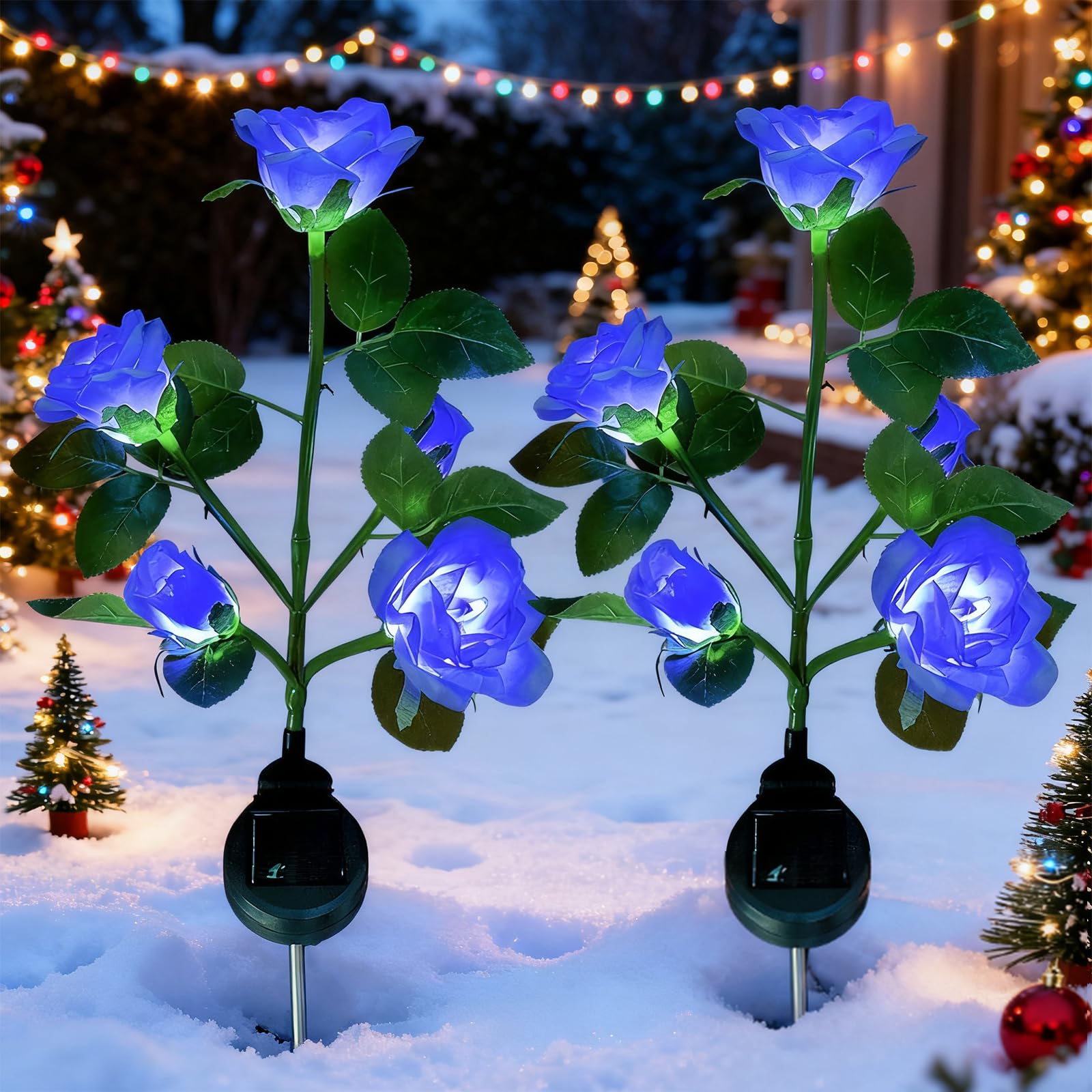 XVZ Solar Flower Outdoor Garden Lights, 2 Packs Solar Garden Stake Lamps with 10 Rose Flower Waterproof Decorative Lights for Lawm Garden Patio Yard Pathway Party Decoration(Blue)