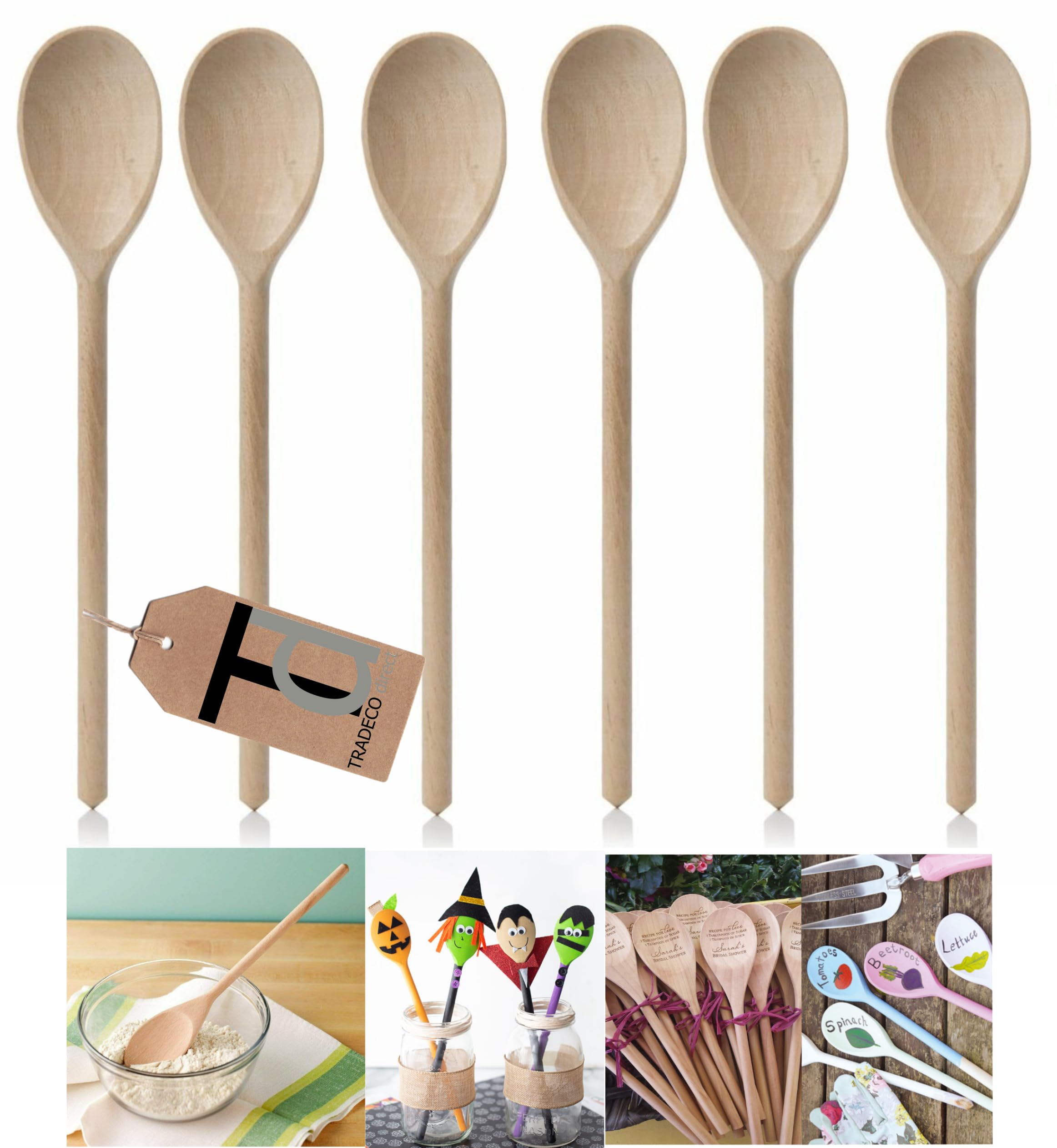 Tradeco direct® 10" (250mm) Beechwood Wooden Spoon, Ideal for Baking, Decorating, Engraving Made in The EU. (6 x 10 Spoons)