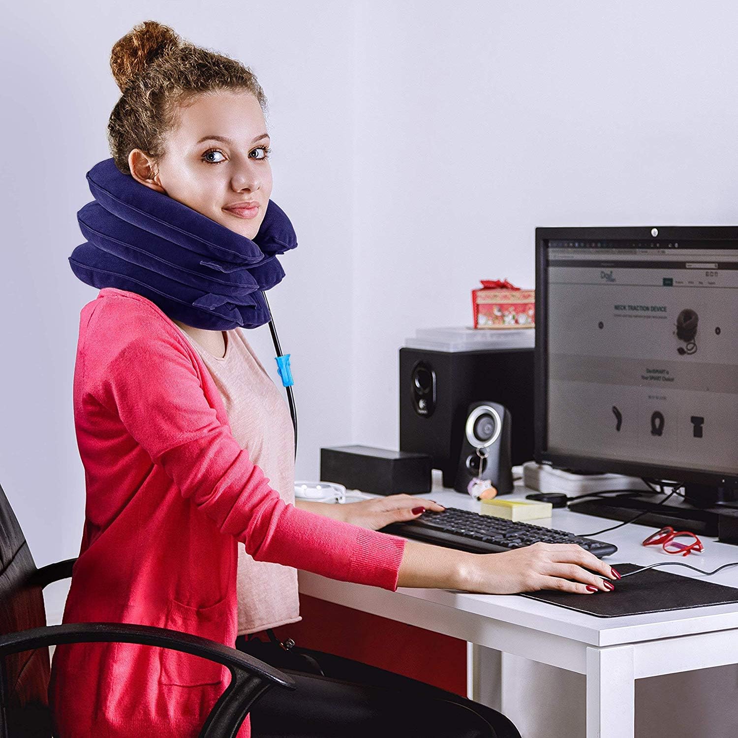 Cervical Neck Traction - Effective Neck Pain Remedy at Home - Inflatable & Adjustable Neck Stretcher Collar Device - Ideal for Spine Alignment & Chronic Neck & Shoulder Pain Relief (Blue): Health & Personal Care