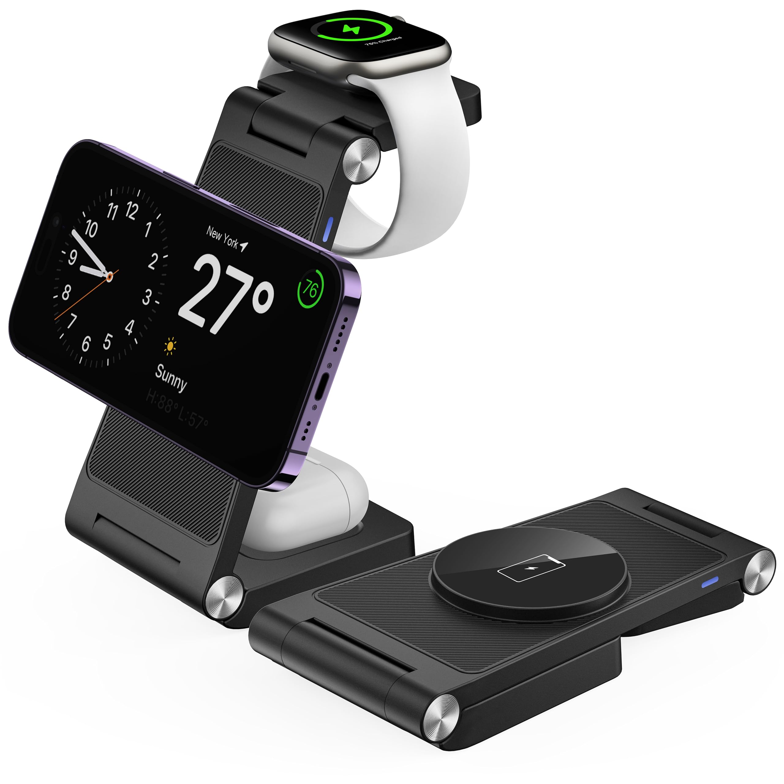 Magnetic Wireless Charger Stand, 3 in 1 Foldable Wireless Charging Station, Travel Charger for Multiple Devices for iPhone 16 15 14 13 12 Series, Apple Watch Ultra/9/8/7/6/5/4/3/2, AirPods