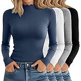 Riyiper 4 Pack Cotton Women's Mock Turtleneck Long Sleeve Tops Ribbed Lettuce Trim Slim Fit Basic Shirts Thermal Base Layer(Black, Haze Blue, White, Light Heather Gray,Medium)