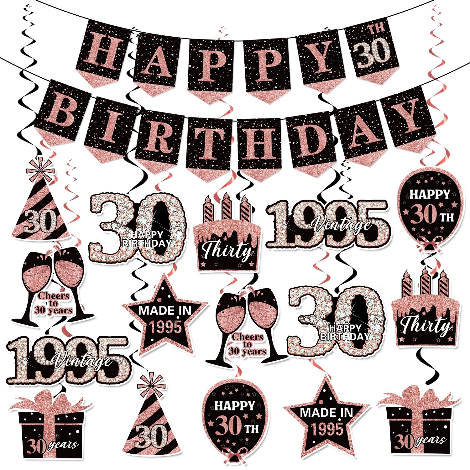 Photo 1 of KORHONEN 30th Birthday Decorations for Her Women, Pink Black 30th Happy Birthday Banner and Hanging Swirls, 30th Birthday Party Decor