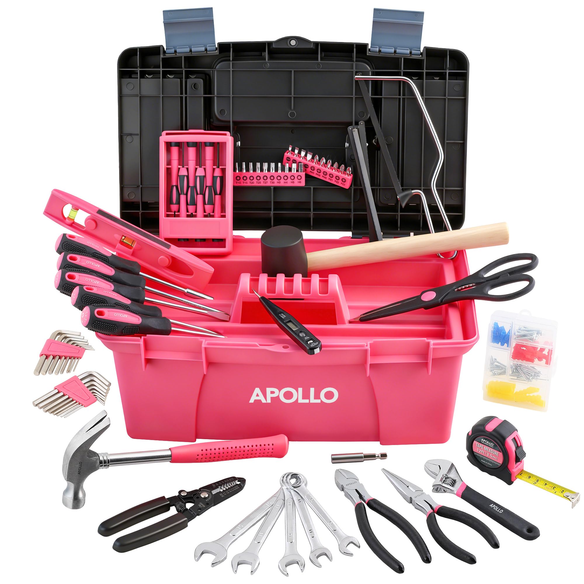 Apollo 170pc Pink Household Women's Tool Kit Set. Complete Home Tool Box Set for DIY Repairs, Including 100pc Wall Hanging Kit