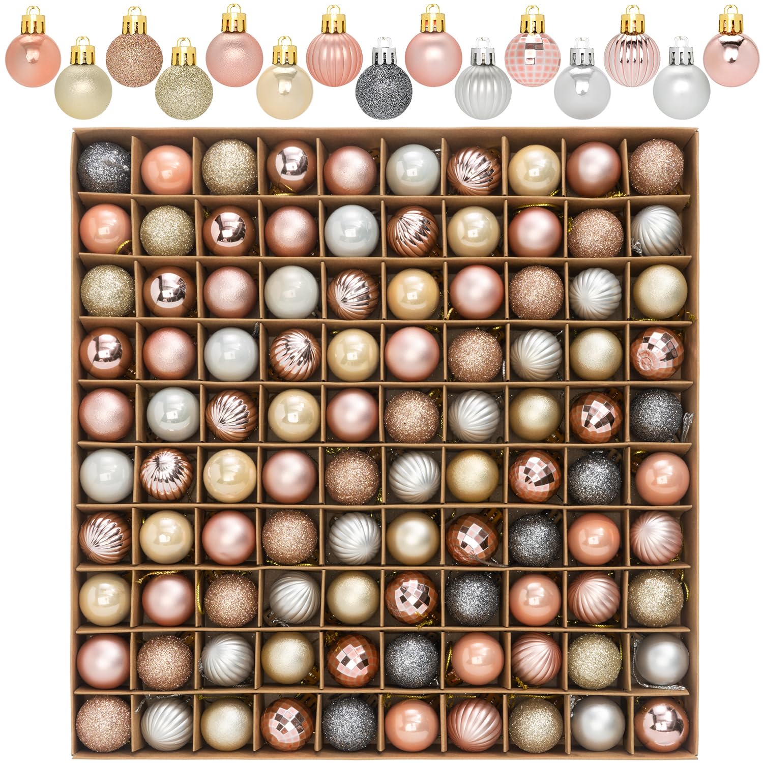 View 1 of 100 Pcs Mini Christmas Ball Ornaments Set, 1.18'' Rose Gold Silver Champagne Gold Small Shatterproof Xmas Tree Ornament Hanging Ball Bulk Decorations for Holiday Party, Wreath, Garland, Winter Decor