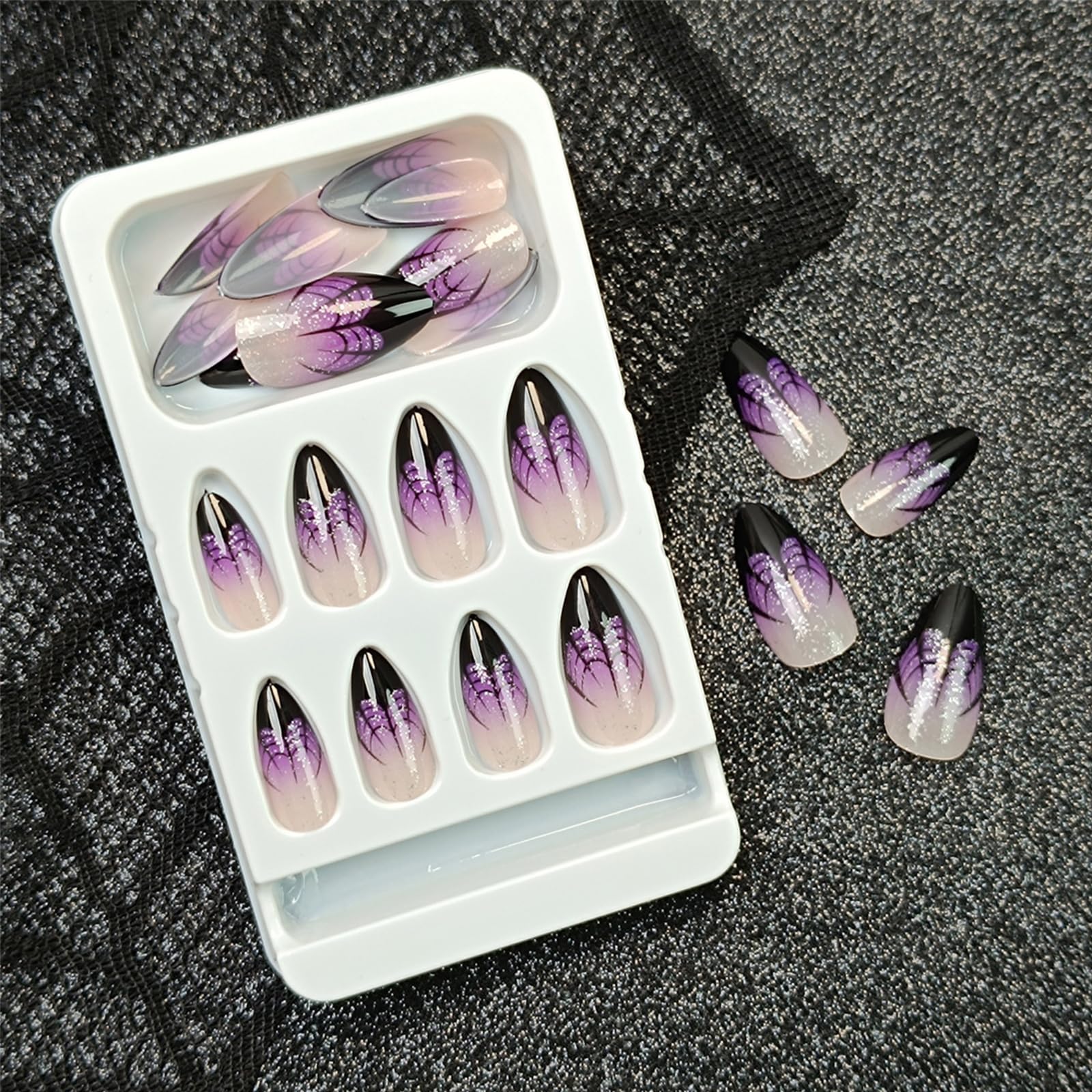 Halloween Press on Nails Short Almond Fake Nails Black Spider Web French Tip Acrylic Glue on Nails Full Cover Purple Gradient False Nail Stick on Nails Glossy Shiny Glitter False Nail for Women 24Pcs - Image 2