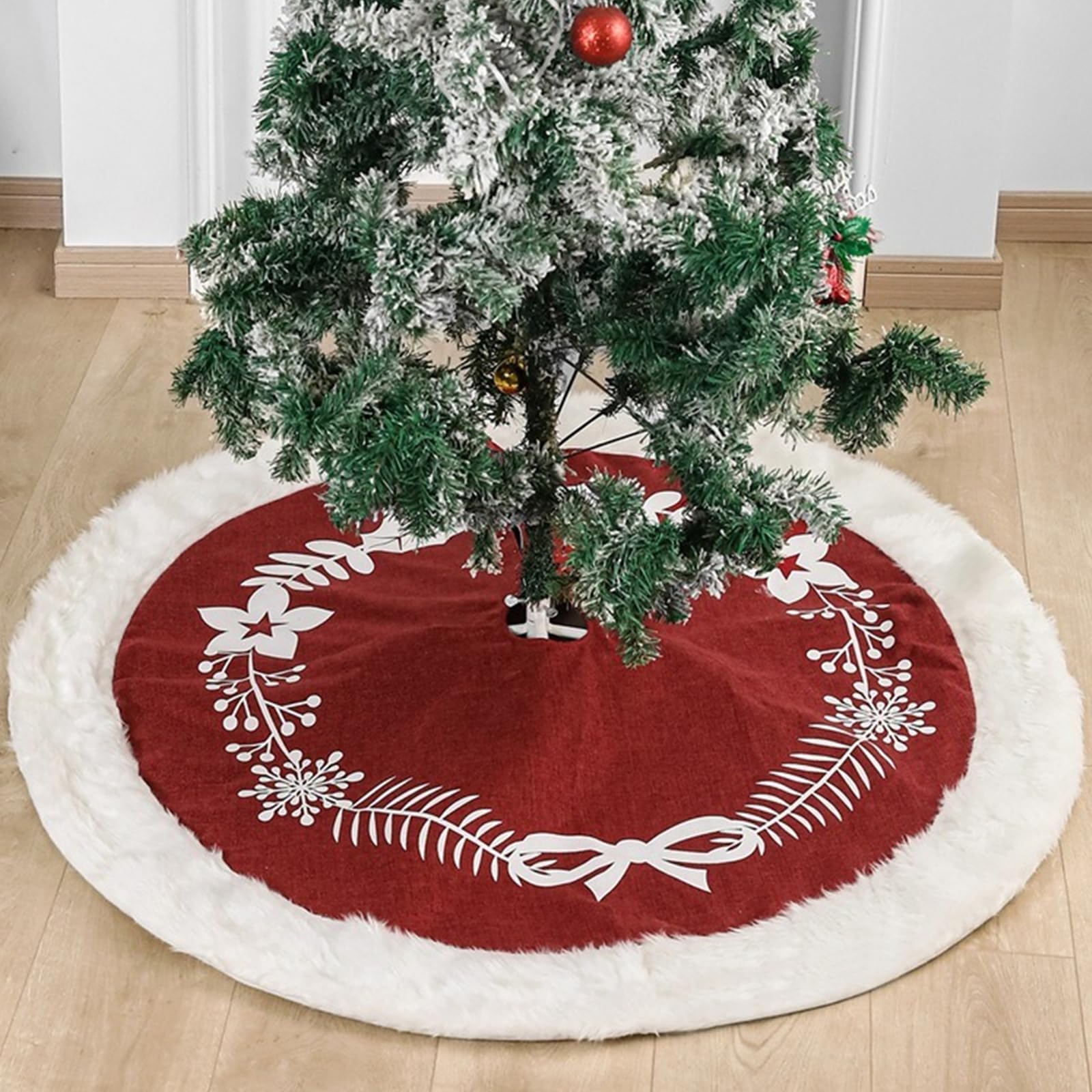 Christmas Tree Skirt, SEDEX 48 Inches Red Xmas Tree Skirts Luxury White Faux Fur Plush Base Cover Mat Christmas Tree Bottom Rug Covers Holiday Party Home Festival Decorations