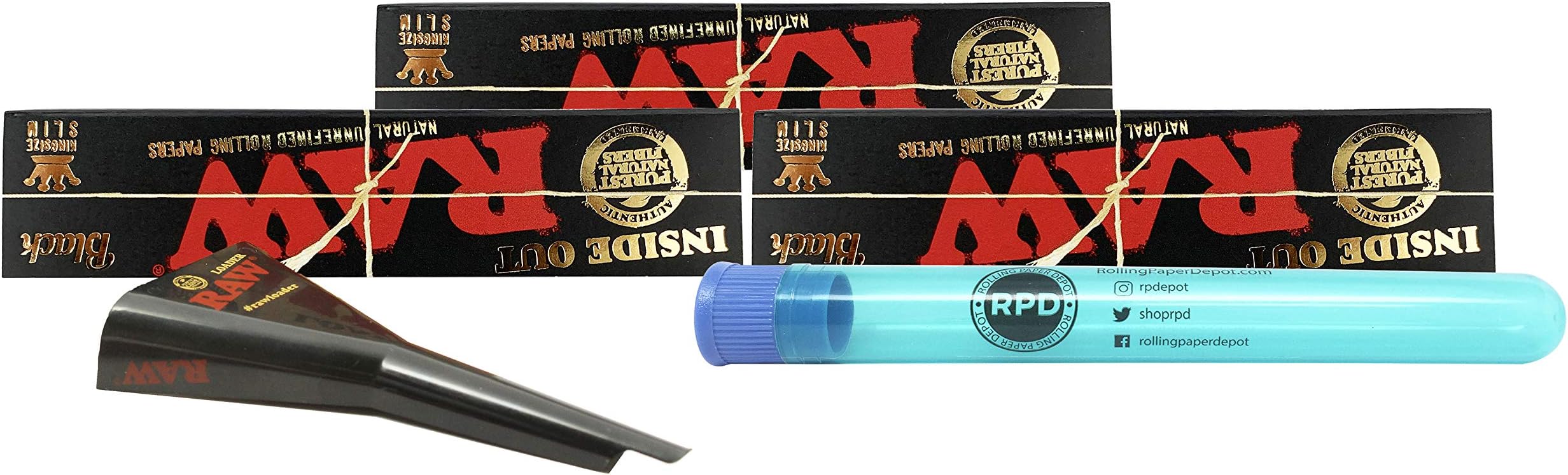 RAW Black Inside Out King Size Rolling Papers (3 Packs), Cone Loader, with Rolling Paper Depot XL Kewl Tube- 3 Item Bundle