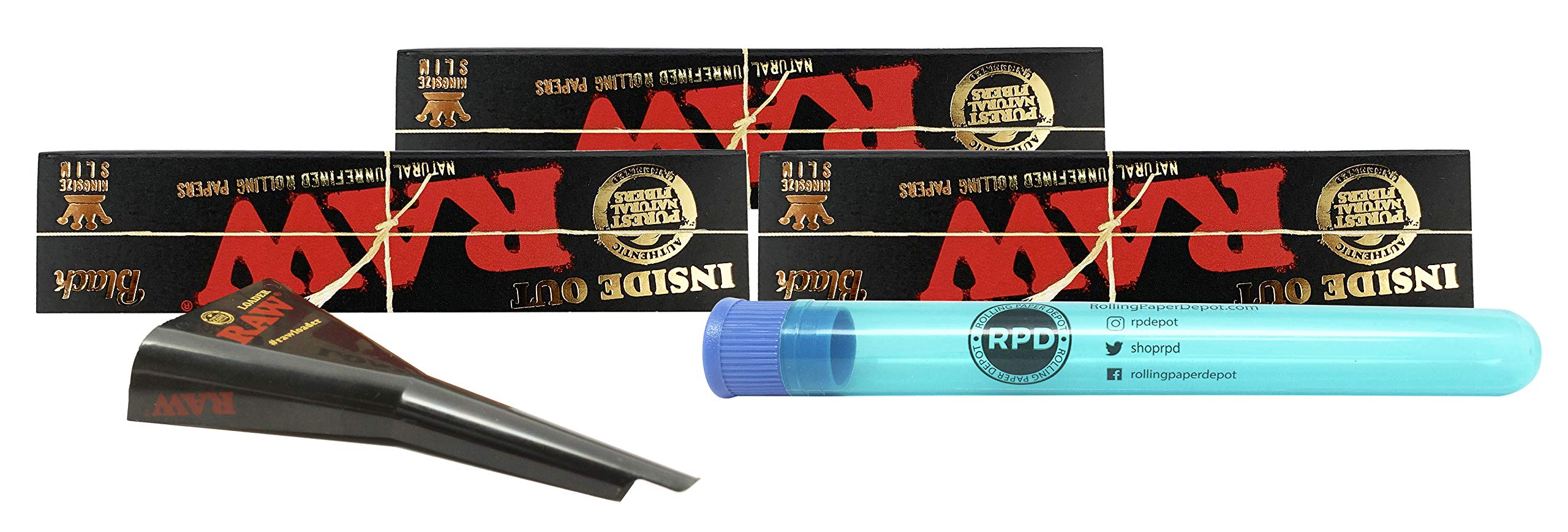 RAW Black Inside Out King Size Rolling Papers (3 Packs), Cone Loader, with Rolling Paper Depot XL Kewl Tube- 3 Item Bundle