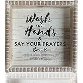 Boho Farmhouse Wooden Framed Bathroom Decor Signs, Funny Restroom Decorative Plaque Small Cute, Toilet Rules Shelf Decoration (Wash Your Hands)