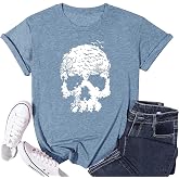 Skull Shirts for Women Gothic Skeleton Print Vintage Graphic Casual Cotton Tops Funny Workout Athletic Shirts