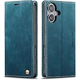 QLTYPRI for iPhone 16 Case Wallet with Card Holder, Vintage PU Leather Kickstand Magnetic Closure Shockproof Folio Book Cover Case for iPhone 16 - Blue