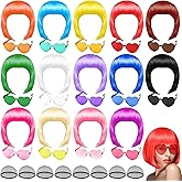 PLULON 14 Pieces Colorful Wigs, Party Wigs and Sunglass Set, Neon Short Bob Wig Sunglass Pack Costume Colorful Cosplay Wig Daily Party Hairpieces Bachelorette Halloween Costume
