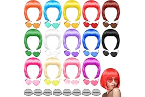 PLULON 14 Pieces Colorful Wigs, Party Wigs and Sunglass Set, Neon Short Bob Wig Sunglass Pack Costume Colorful Cosplay Wig Daily Party Hairpieces Bachelorette Halloween Costume