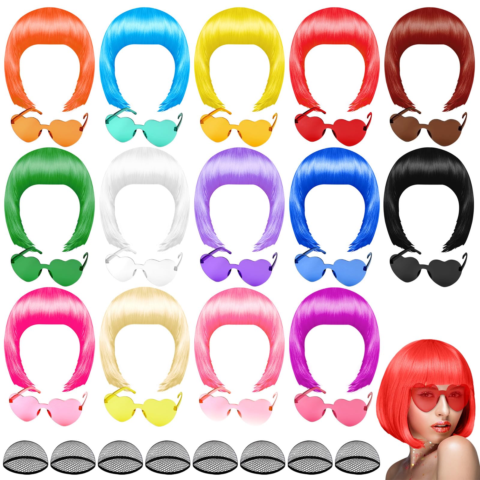 Photo 1 of PLULON 14 Pieces Colorful Wigs, Party Wigs and Sunglass Set, Neon Short Bob Wig Sunglass Pack Costume Colorful Cosplay Wig Daily Party Hairpieces Bachelorette Halloween Costume