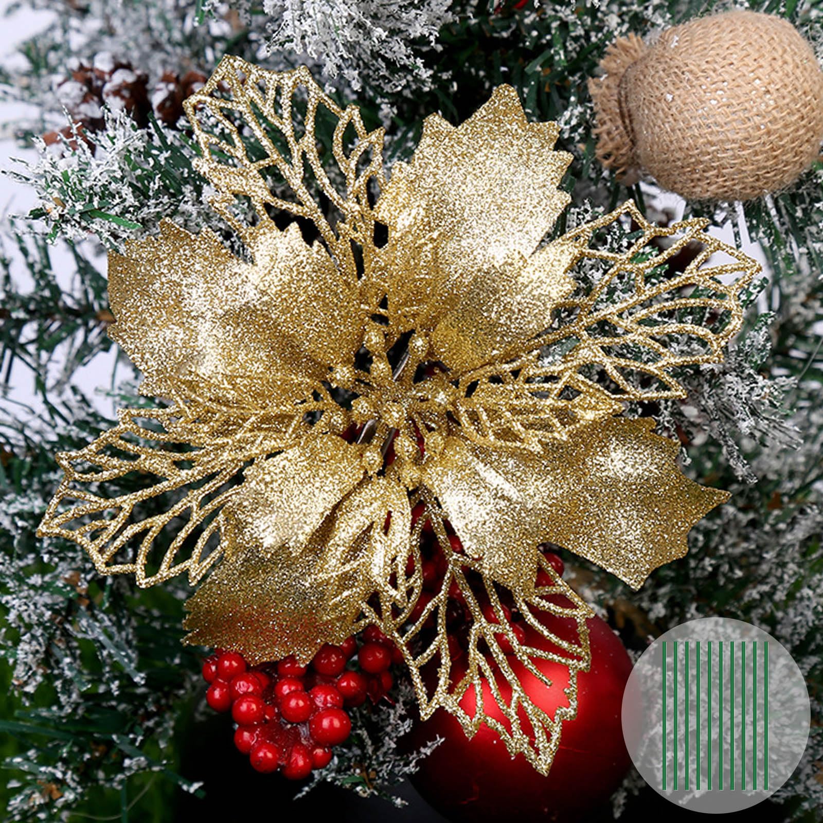 Yueshop 10 PCS Christmas Flowers Large (15CM) Poinsettia Glitter Flower Christmas Tree Hanging Party Xmas Decor(Gold)