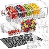 Fiwochic Ice Chilled Condiment Caddy with Drain Plug, 5 Containers with Lids, 85 oz Ice Capacity, 11 Pcs Complete Garnish Tray Condiment Server Set with Drainer Mat Cutlery Holder for Taco Bar Party