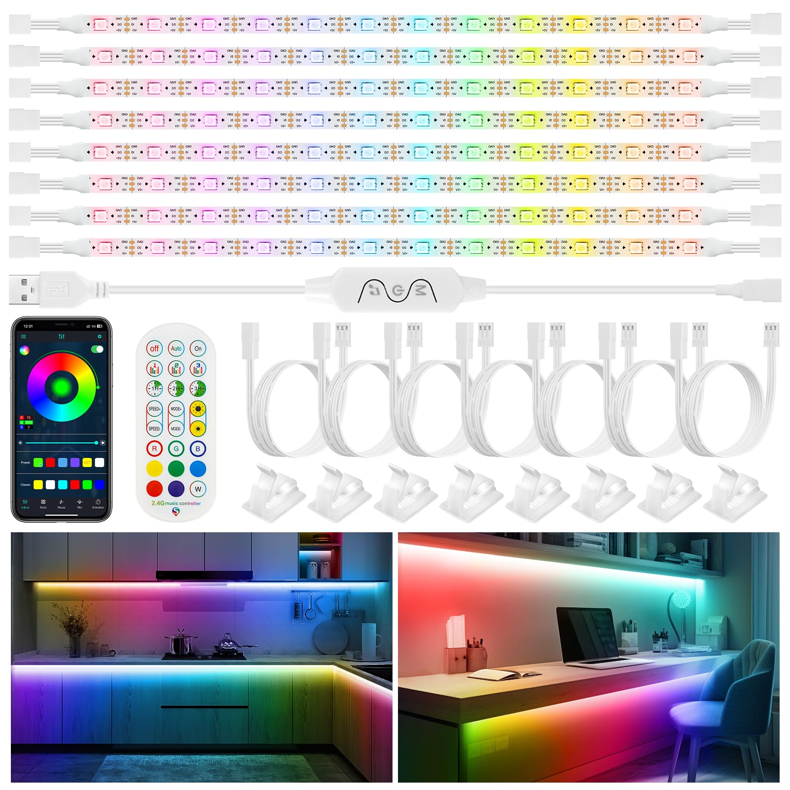 Under Cabinet LED Lighting kit 4M, 8x50CM Flexible Color Changing LED Strip Lights with APP & RF Remote, Dimmable Music Sync TV Backdrop Light, USB Under Cabinet Lights for Bookcases,Counter,Showcase