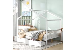 Harper & Bright Designs Full House Bed for Kids, Wooden Full Size House Bed Frame with Two Drawers, Full Storage Bed with Headboard and Footboard,Roof Design for Girls Boys, White