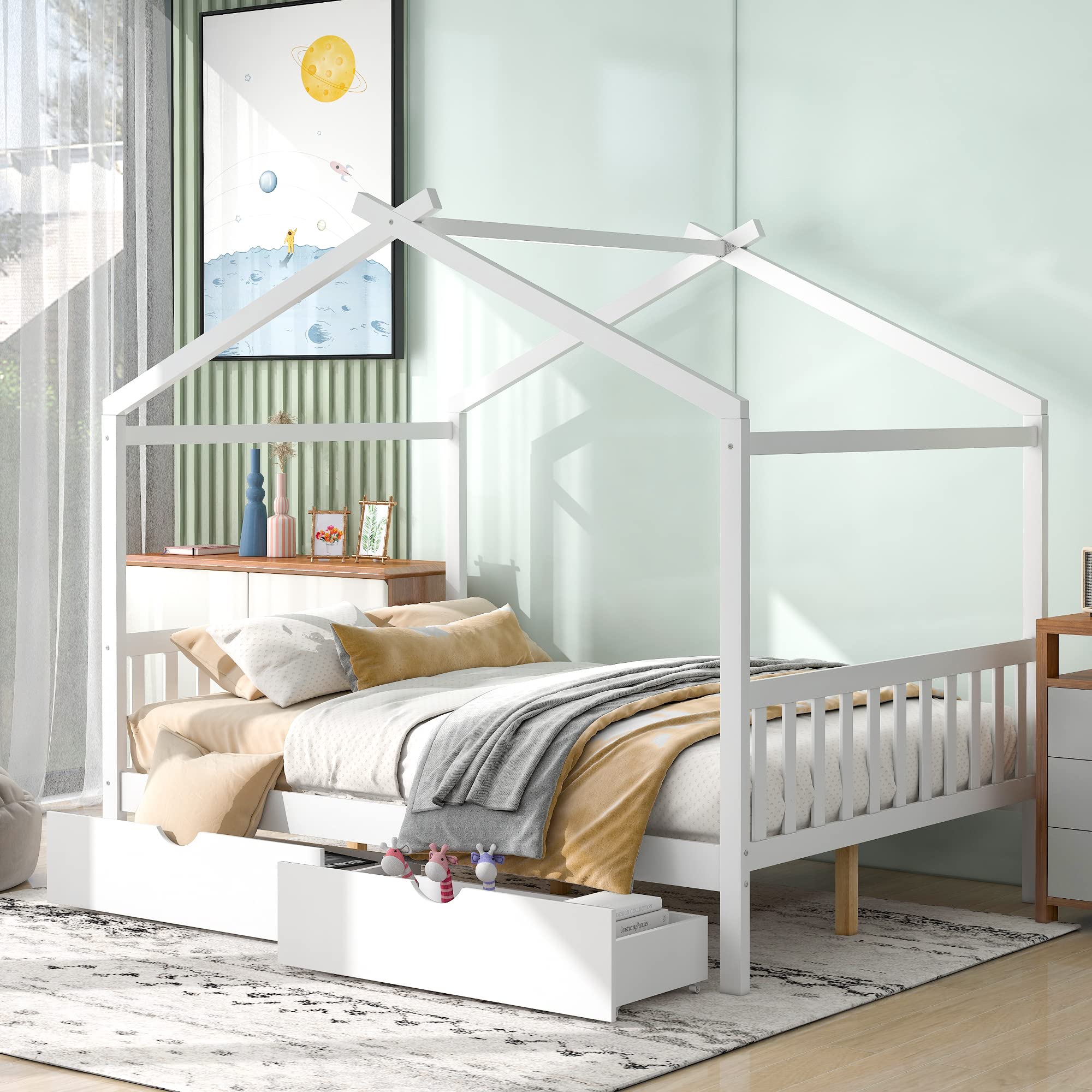 Photo 1 of ACQCA Full Size House Bed with 2 Drawers,Wooden Platform Bed Frame with Roof for Boys Girls,Bedroom Furniture for Kids, White