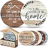 Hushee House Warming Gifts New Home 4 Inch Wooden Coasters Set of 6 Farmhouse Coasters with House Shape Holder Best Housewarming Gifts for Family Coffee Table Protection Funny Farm House Decorations