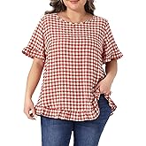 Agnes Orinda Plus Size Gingham Tops 1950s Vintage Plaid Round Neck Ruffle Sleeve Back Button Blouses