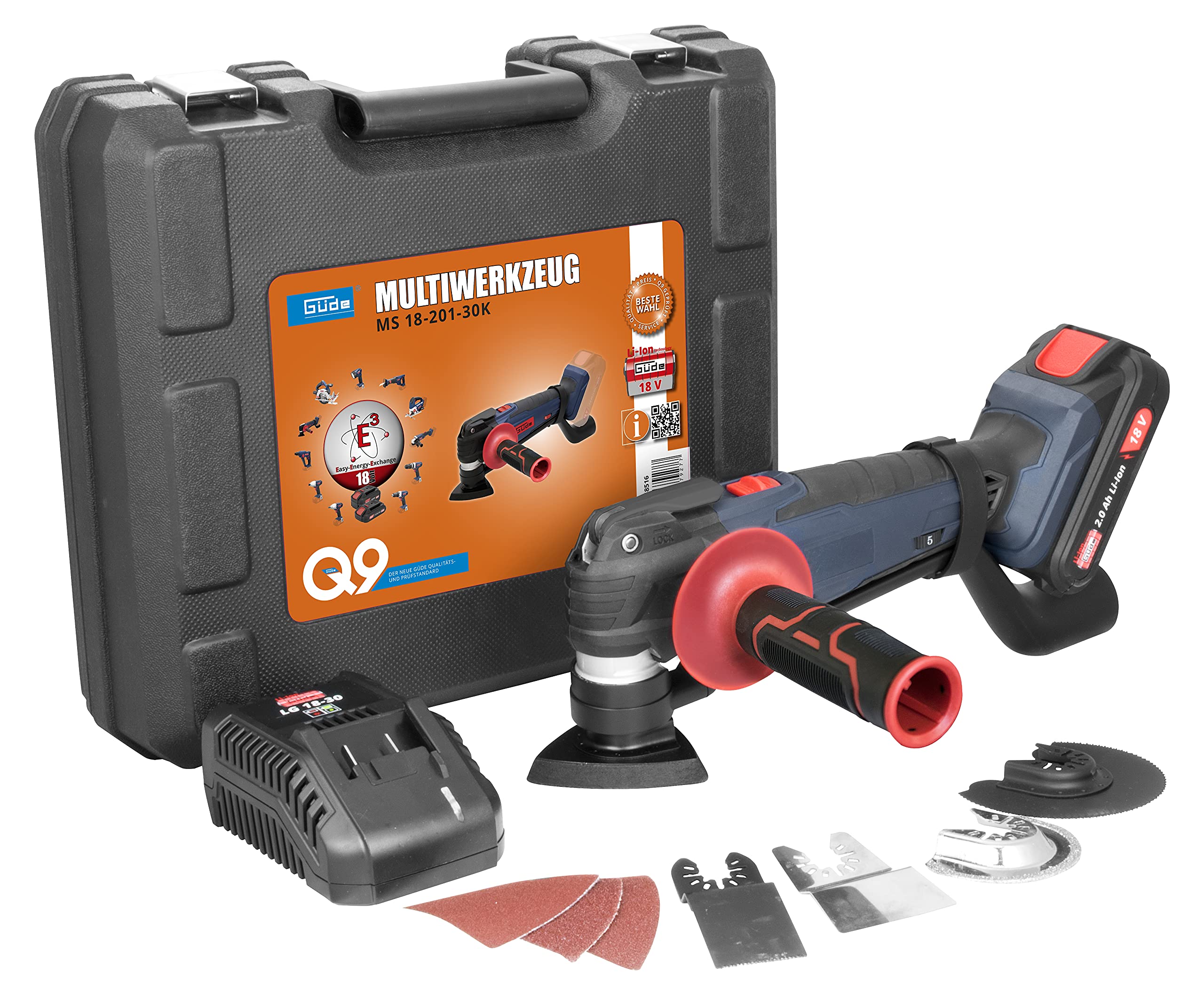 Güde 58516 MW 18-201-30K Multi-Tool 18 V E³ Battery System 2.0 Ah Battery 3.0 A Quick Charger 27-Piece Accessory Set