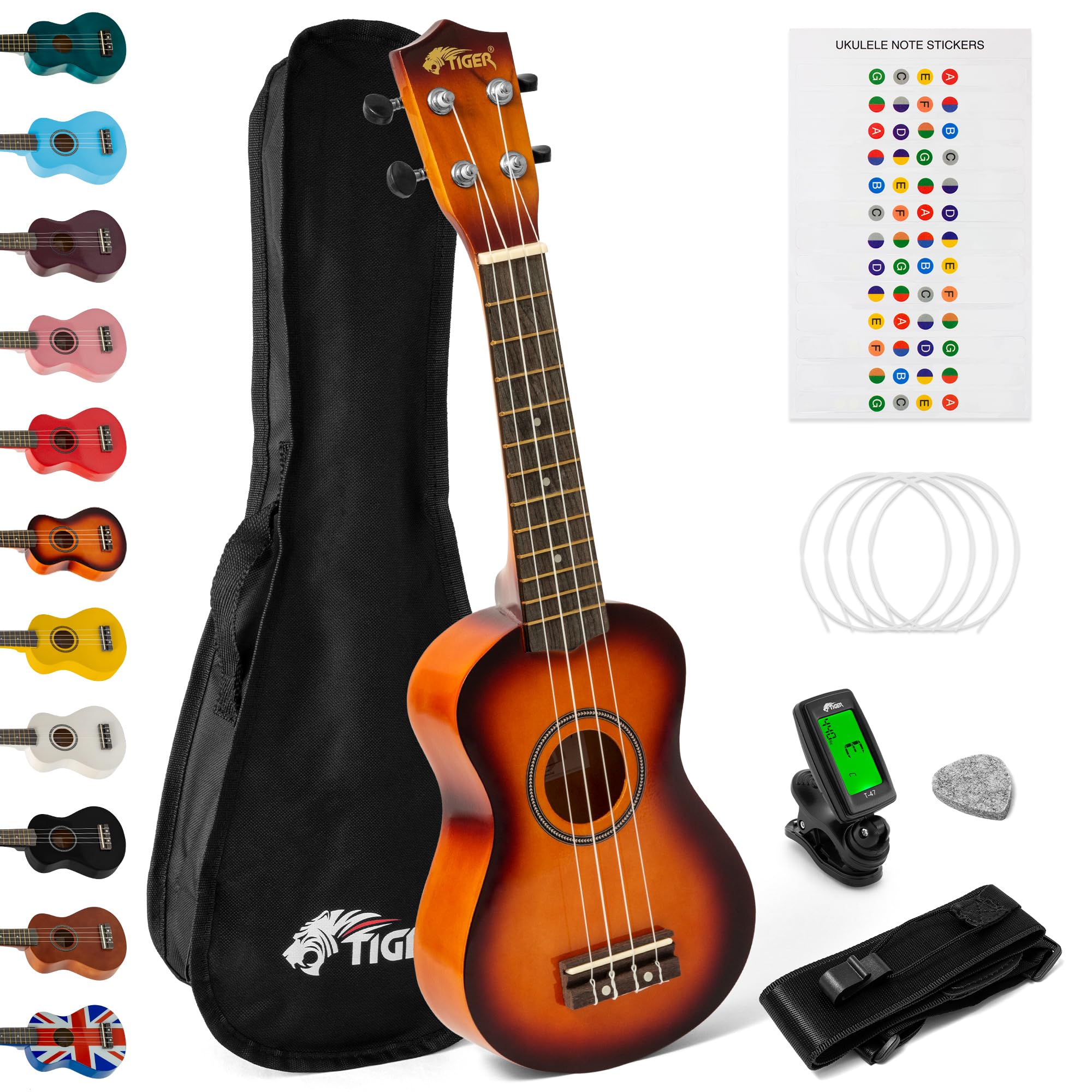 TIGER UKEKIT-SB Soprano Ukulele for Beginners includes Gig Bag, Felt Pick, Spare Set of Strings Now Equipped with Aquila Strings - Sunburst