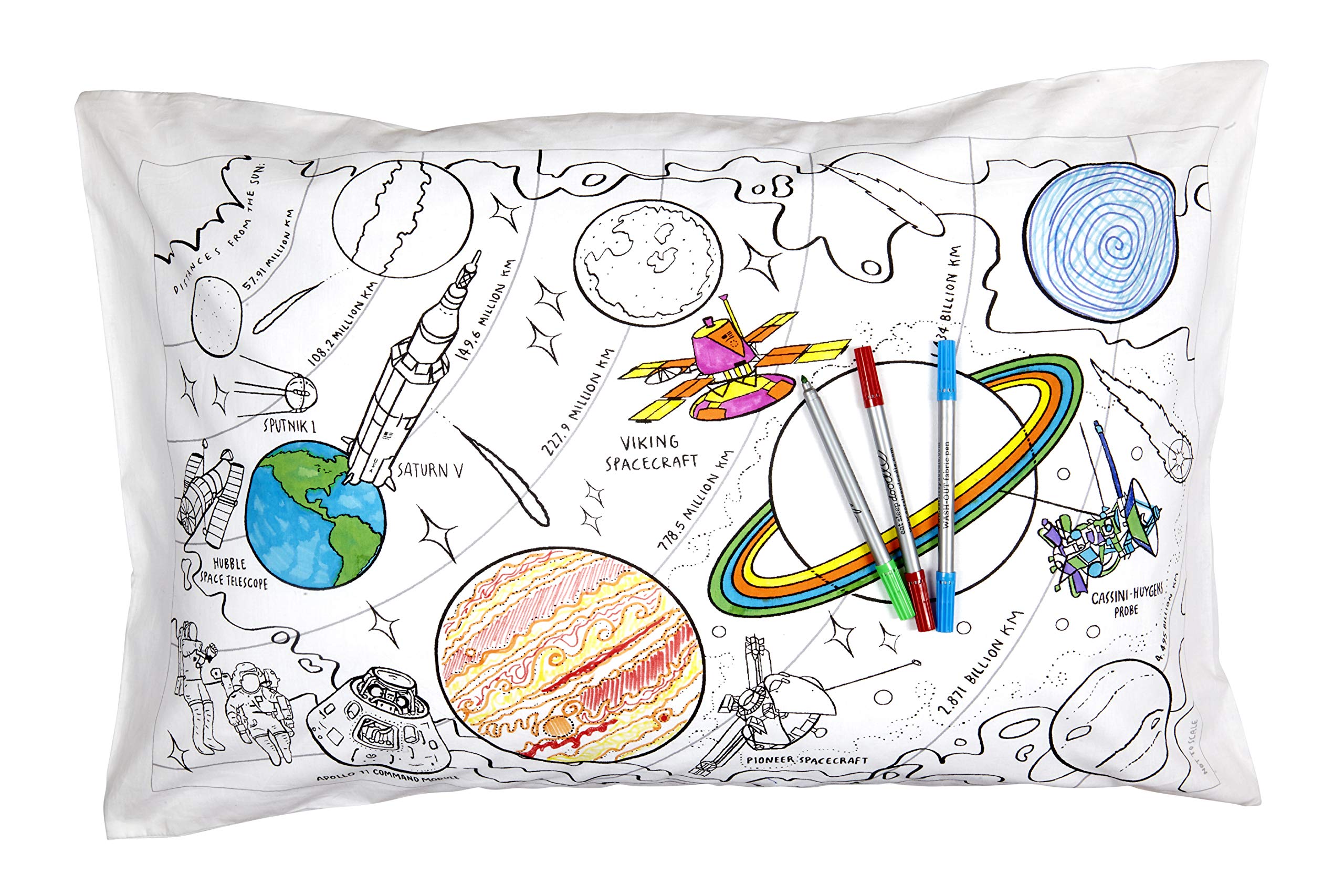 eatsleepdoodle Colouring Pillowcase w/ 10pk Washable Markers - 75x50cm Space Kids Colouring Pillowcase - Ultra Washable & Reusable Arts and Crafts