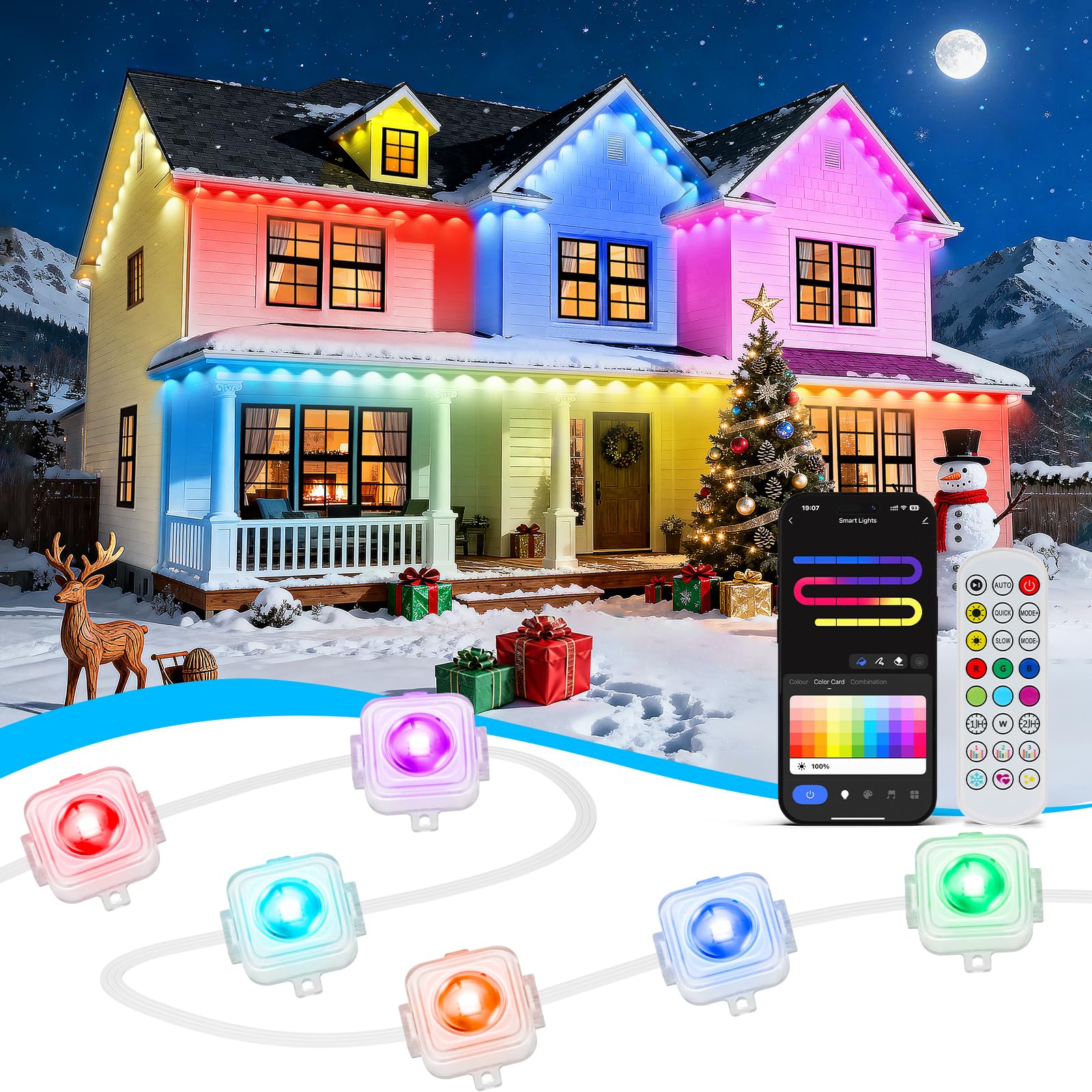 Photo 1 of LANDRHYTHM PPermanent Outdoor Lights, 100ft Smart Eave Light with 72 LED Lights, IP67 Waterproof, App Control, Outdoor Lights, DIY RGB+IC Light for House Holiday Decorations