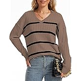 LUXEBOLD Women's V Neck Sweaters Casual Long Sleeve Knitted Pullover Tops Striped Light Weight Shirts Fall Fashion Outfits