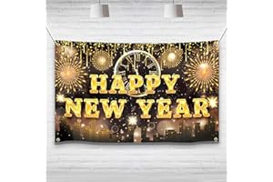 Happy New Year Banner 2026, Black and Gold Reusable Large New Year Backdrop, Nye Decorations for Indoor Outdoor Celebration P