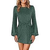 ANRABESS Womens 2026 Fall Dress Long Lantern Sleeve Ribbed Knit Casual Tie Waist Lightweight Mini Sweater Dress