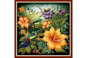 Findvoor Stamped Cross Stitch Kits for Beginners Full Range of Cross Stitching Embroidery Pattern for Kids or Adults, 11CT DIY Needlepoint Embroidery Starter Kits-Hummingbird Flowers 17.7x17.7 inch