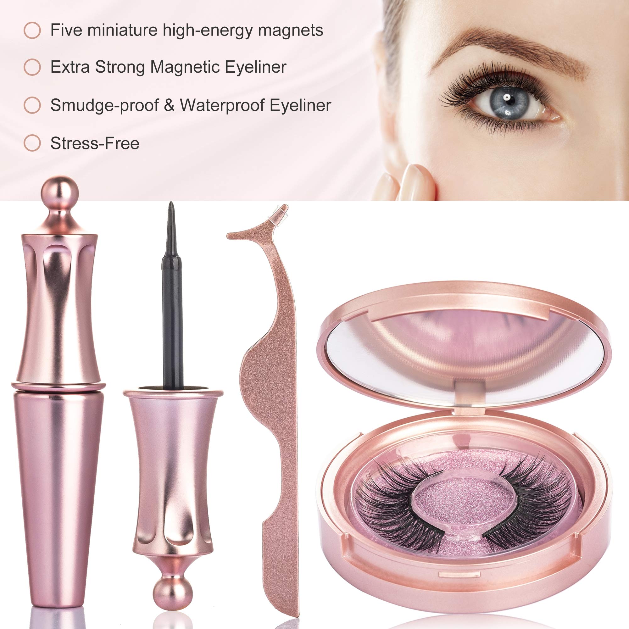 Magnetic Eyelashes with Eyeliner Kit, 5 Magnets Per Lash, Waterproof Sweatproof Magnetic Liquid Eyeliner, 3D Magnetic False Eyelashes & Tweezers, Eyelashes With Natural Look, No Glue Needed