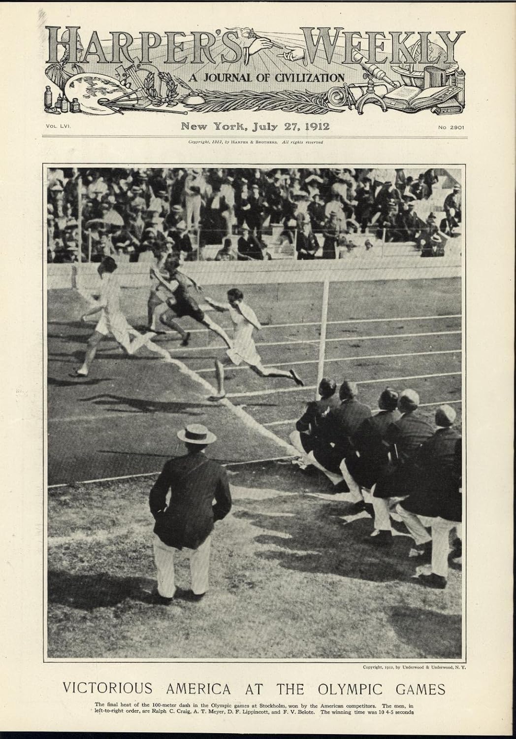 Victorious Americans 100 Meter Dash Final Olympics 1912 antique historical print