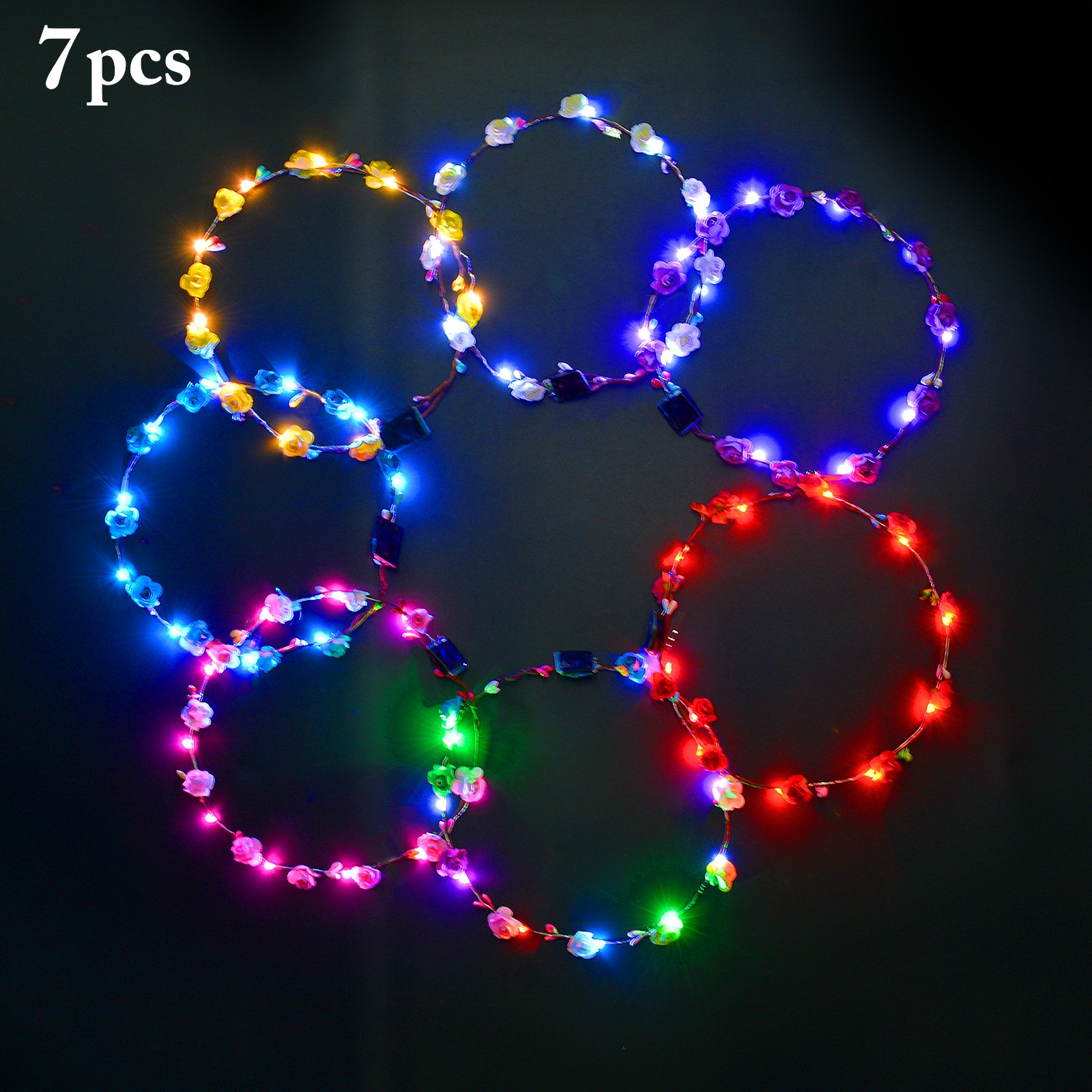 LED Flower Crown, Coxeer Led Flower Wreath Headband Luminous 10 Led Flower Headpiece Flower Headdress For Girls Women Wedding Festival Holiday Christmas Halloween Party (7PCS)