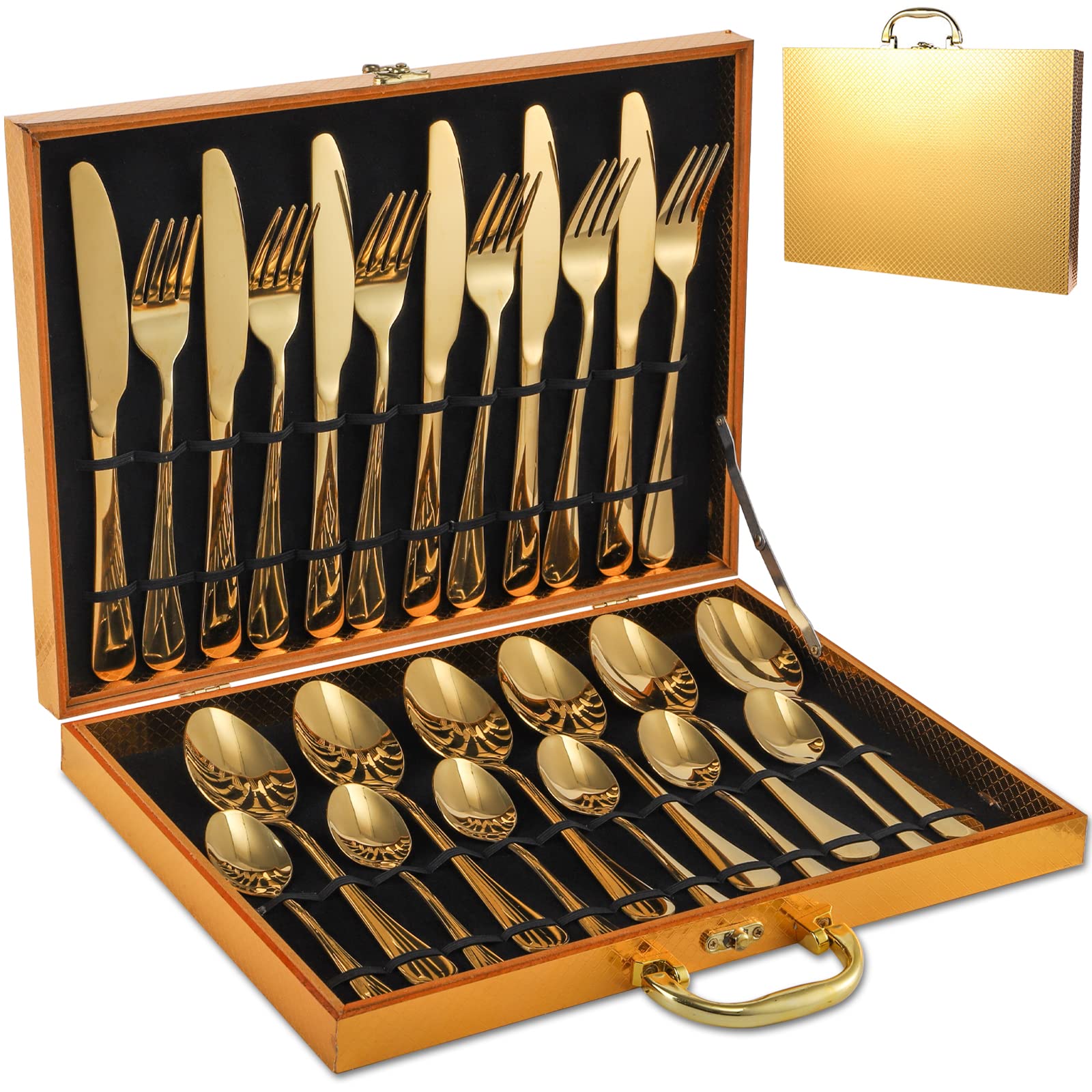 Dicunoy 24 PCS Gold Cutlery Sets, Gold Silverware Set with Forks and Spoons, Stainless Steel Plated Cutlery Utensils with Storage Case for Wedding Festival Christmas Party Dinner Table, Service of 6