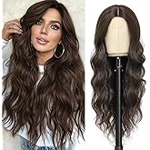 LUVEUNI Brown Wigs for Women Middle Part Long Wavy Wig 26 Inch Lace Hairline Natural Looking Synthetic Heat Resistant Fiber for Daily Party Use (Brown)